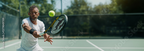 Middle-aged man playing tennis on a sunny day, showcasing skill and athleticism while returning a served ball on a green court surrounded by trees