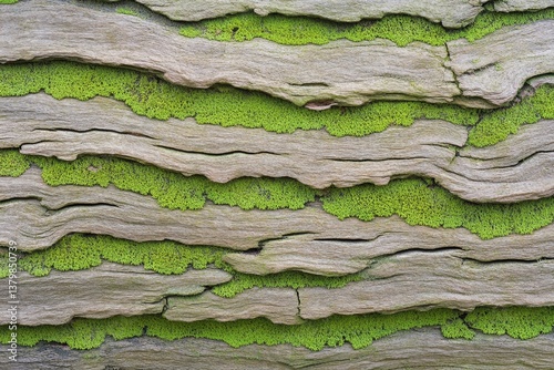 A close-up of lichen and moss growing symbiotically on the rough bark of an old oak tree photo