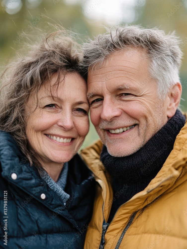 Fototapeta premium A man and woman are smiling at the camera. The man is wearing a yellow jacket and the woman is wearing a black jacket