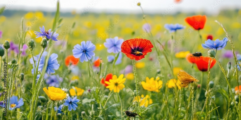 Naklejka premium A field of flowers with a single red poppy in the middle. The field is full of different colored flowers, including yellow, blue, and purple