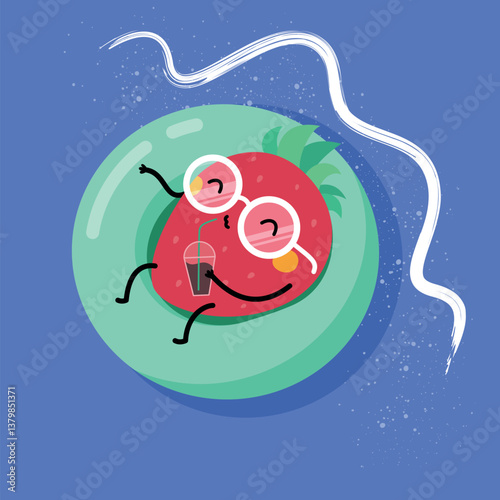 A cute strawberry with sunglasses and a drink, relaxing in a green floatie on a blue background with white splash lines