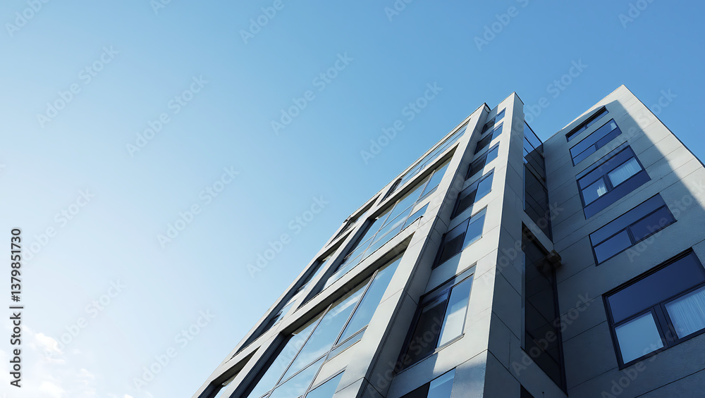 A modern multi - story building with large windows under a clear blue sky A modern multi - story building with large windows under a clear blue sky