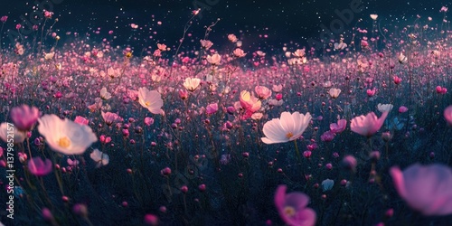 A field of pink flowers with a blue sky in the background. The flowers are scattered throughout the field, with some in the foreground and others in the background