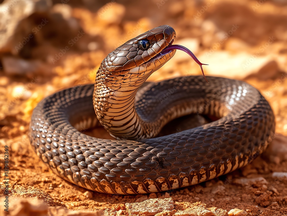 Fototapeta premium Snake Striking with Tongue Out Close Up on Desert Ground