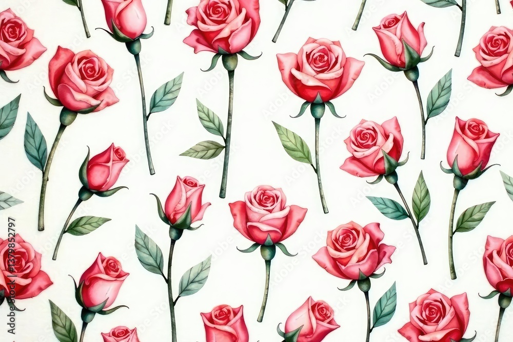 Obraz premium Delicate watercolor rosebuds in repeating pattern, watercolor, roses, texture