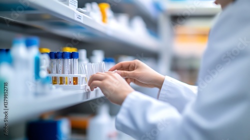 Scientist arranging laboratory test tubes carefully.