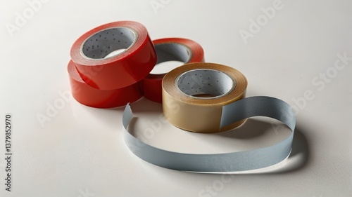 Pile of sticky tape lies on table, background.