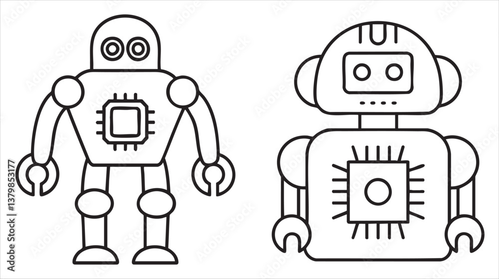 Two simple cartoon robots with distinctive designs facing each other. Two simple cartoon robots with distinctive designs facing each other.