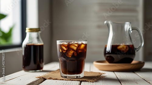 Cold brew coffee with milk on white wooden table