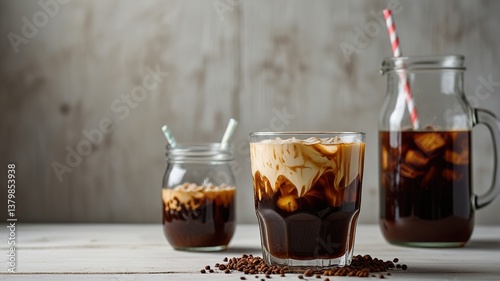 Cold brew coffee with milk on white wooden table
