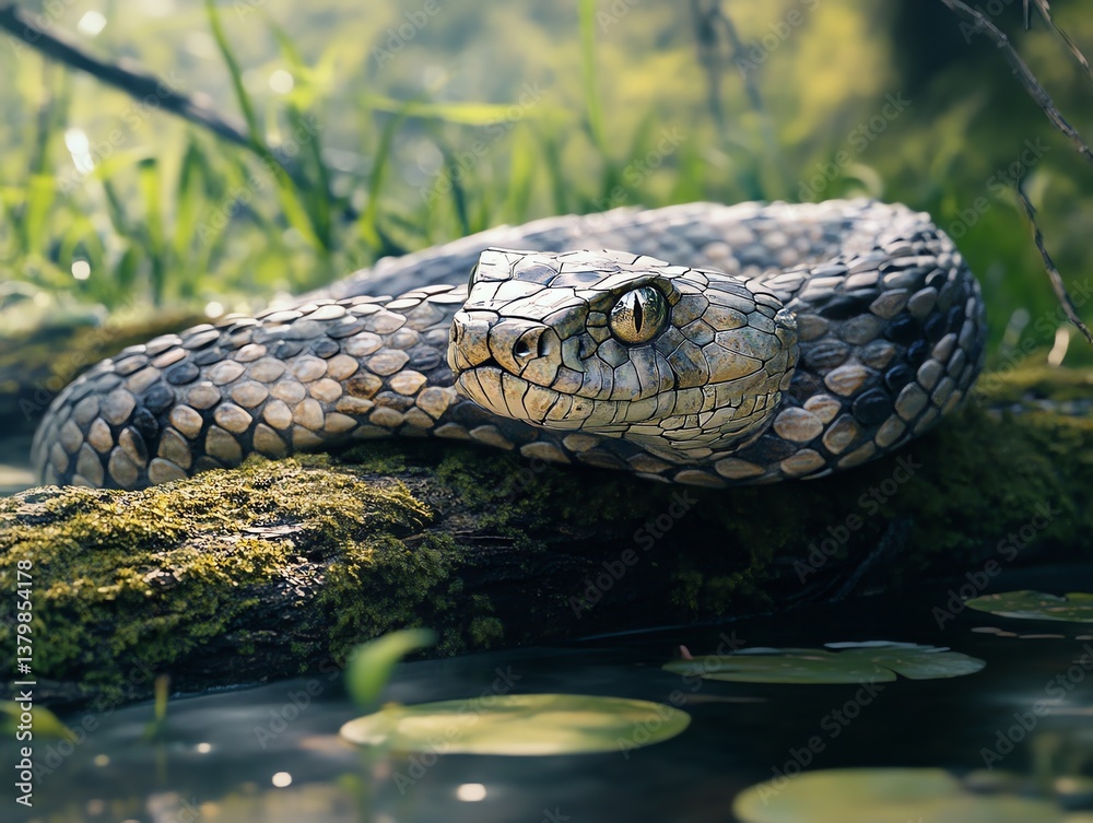 Rattlesnake Resting on a Mossy Log Near Water in Natural Habitat Rattlesnake Resting on a Mossy Log Near Water in Natural Habitat