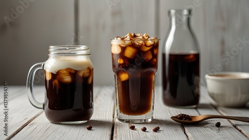 Cold brew coffee with milk on white wooden table