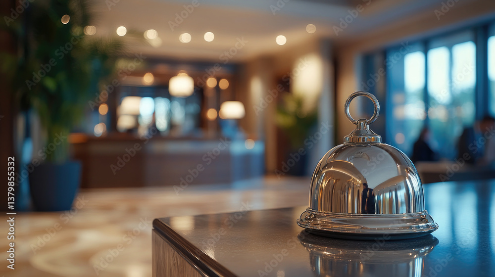 Luxury hotel reception counter with metallic service bell on the front desk, blurred background with staff and interior, representing premium hospitality and customer service