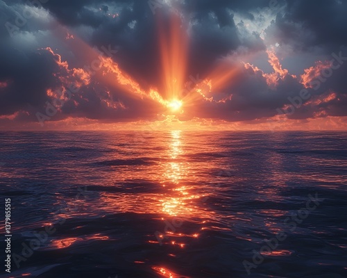 Dramatic ocean sunset with golden rays breaking through the clouds