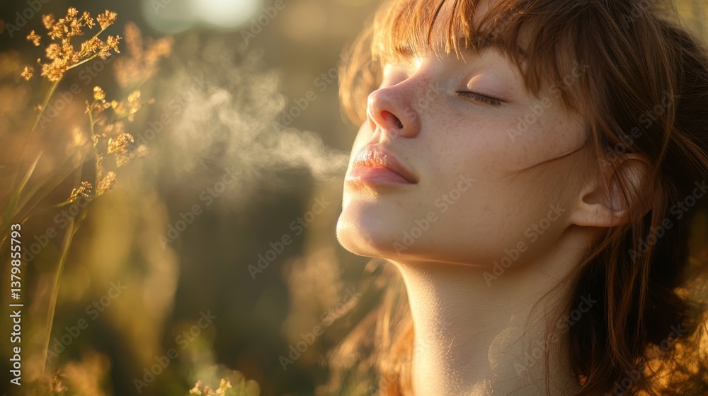 Fototapeta premium A young woman with red hair exhales a breath of steam in a sunlit field of wildflowers at golden hour creating a serene and peaceful atmosphere.