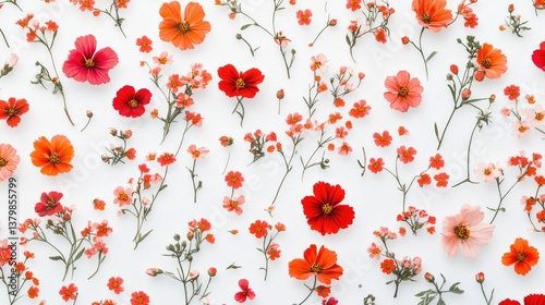 A close up of a flowery pattern with many red flowers. The flowers are arranged in a way that creates a sense of movement and depth. Scene is one of beauty and tranquility