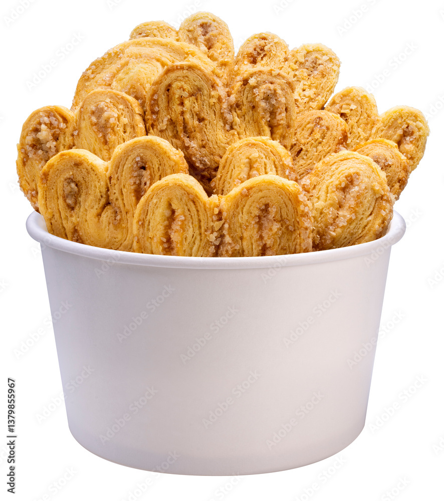 Palmiers Recipe or Puff Pastry Dough in paper bucket isolated on white background, Butterfly Pie on white PNG File.