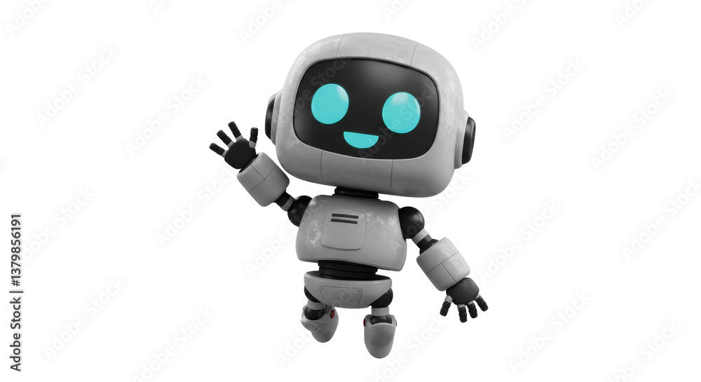 Friendly Robot Waving Hello with Glowing Eyes on Clean Background Friendly Robot Waving Hello with Glowing Eyes on Clean Background