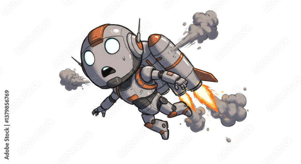 Cartoon Robot Flying with Jetpack, Expressing Surprise and Panic Cartoon Robot Flying with Jetpack, Expressing Surprise and Panic