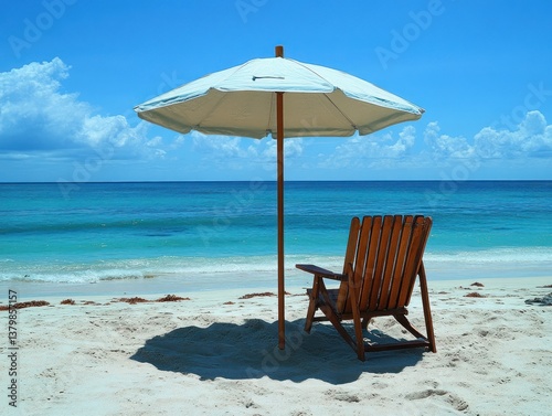 Empty beach chair and umbrella photo