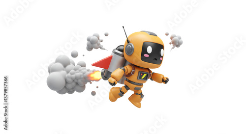 Flying robot with rocket backpack on white background design element