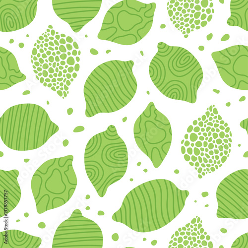 Seamless pattern of green lemon slices with varied textures like stripes and dots, set against a white background