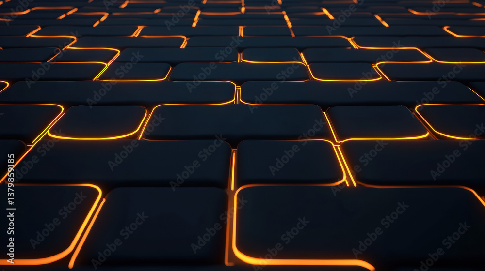 Fototapeta premium glowing neon grid forms futuristic technology background with dark tiles orange light