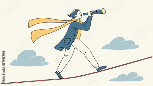 Businessman Walking on Tightrope with Symbolizing Risk, Vision, and Ambition in Career Growth and Success"
