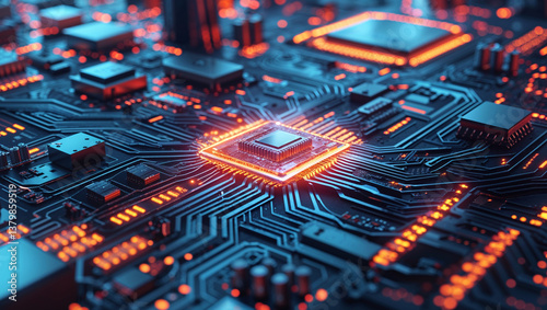 Closeup electronic microchip with glowing circuits futuristic processor semiconductor technology digital motherboard computing AI cyberpunk tech innovation high speed performance