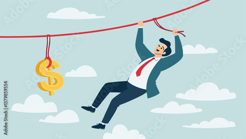 Businessman Walking on Tightrope with Symbolizing Risk, Vision, and Ambition in Career Growth and Success"
