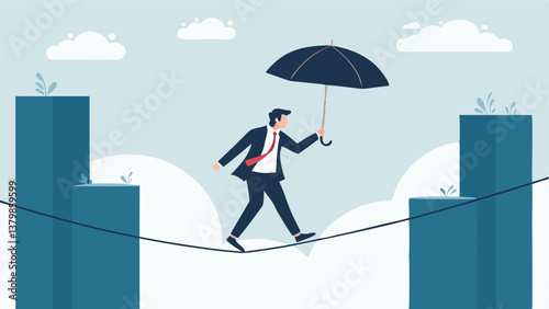 Businessman Walking on Tightrope with Symbolizing Risk, Vision, and Ambition in Career Growth and Success"
