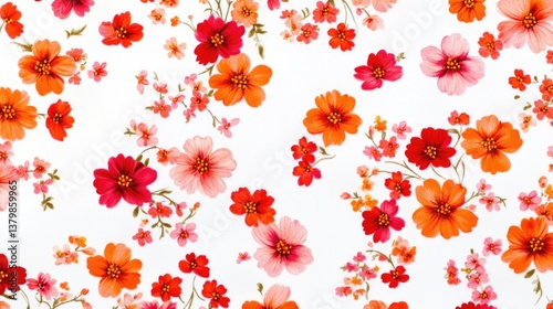 A floral patterned fabric with red and pink flowers. The flowers are scattered throughout the fabric, creating a vibrant and lively atmosphere. Scene is cheerful and uplifting