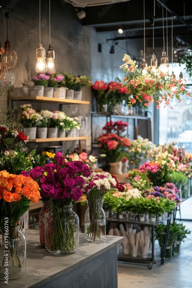 Fototapeta premium A flower shop with many different types of flowers on display. The shop is brightly lit and has a warm, inviting atmosphere