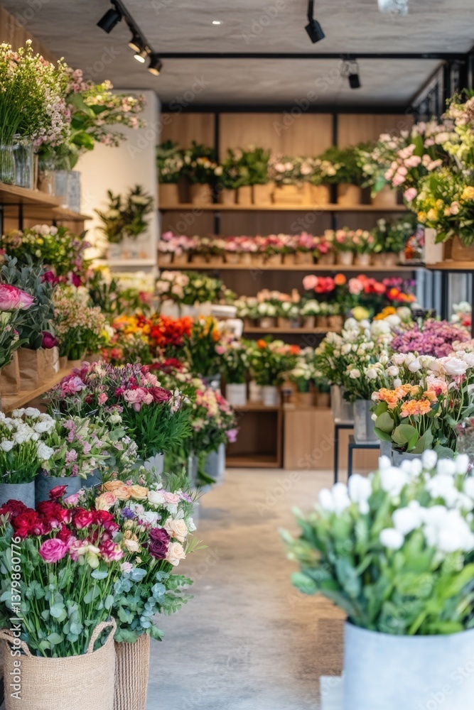 Fototapeta premium A flower shop with many different types of flowers on display. The shop is brightly lit and has a warm, inviting atmosphere