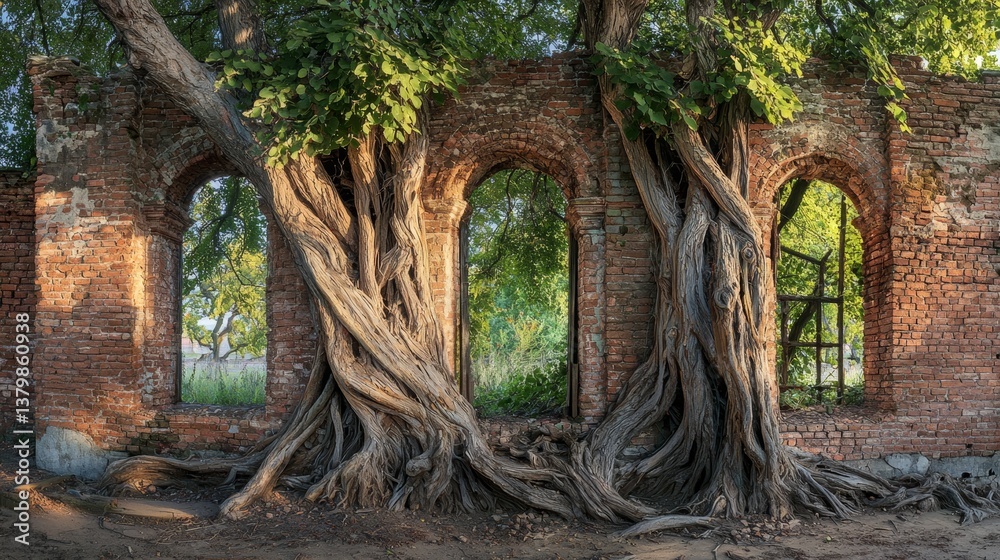 Fototapeta premium Ancient brick ruins entwined with large tree roots in a serene natural setting during daylight