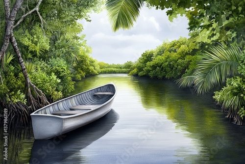 A dreamy watercolor scene of a small boat drifting through the Florida Everglades, surrounded by lush greenery