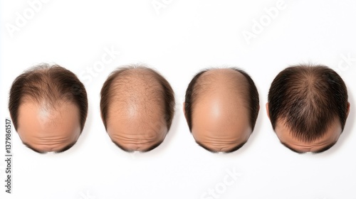 Four men with varying degrees of hair loss, against a white background. 4 male heads with different stages of baldness, ranging from brown to bald