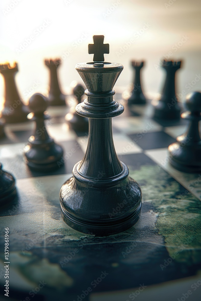 A single black chess piece, a king, stands on a checkered board. The board is the only piece of the game visible in the image