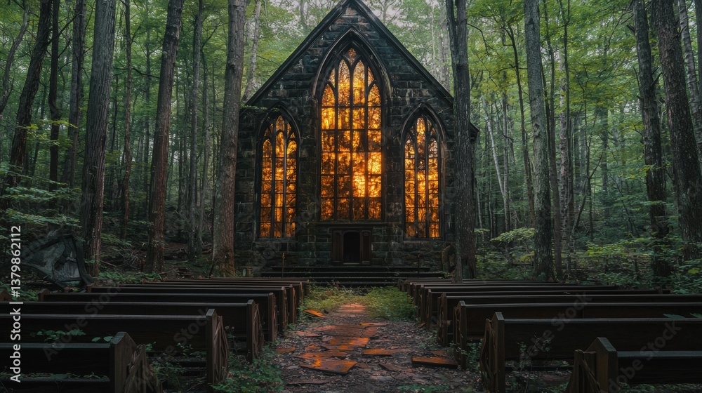 Fototapeta premium Abandoned stone chapel surrounded by dense forest illuminated by glowing stained glass windows