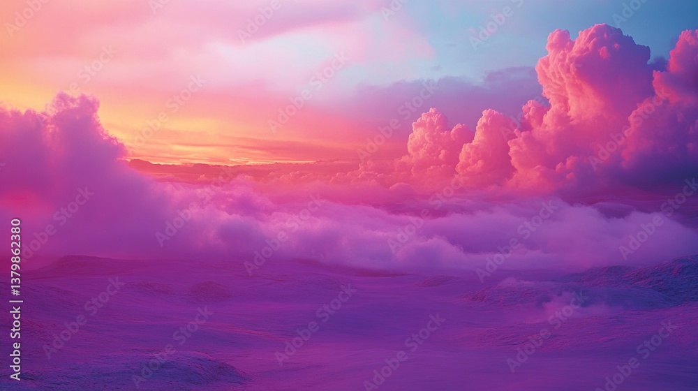 Naklejka premium Dreamscape: Ethereal pink and purple skies meet misty, undulating landscapes
