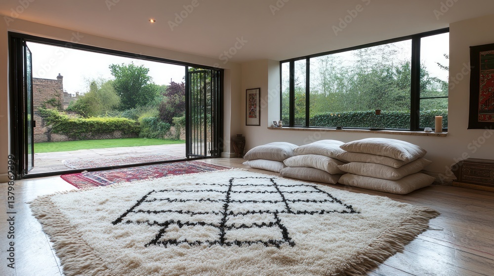 Fototapeta premium Modern living room with large windows and outdoor view