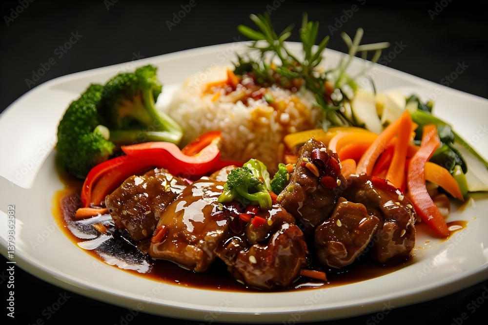Savory Glazed Meat with Rice and Steamed Vegetables: A Delicious and Healthy Meal, Perfect for a Balanced Diet with Asian-Inspired Flavors. Savory Glazed Meat with Rice and Steamed Vegetables: A Delicious and Healthy Meal, Perfect for a Balanced Diet with Asian-Inspired Flavors.