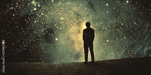 A man stands in the middle of a starry sky. The stars are scattered all over the sky, creating a sense of vastness and wonder