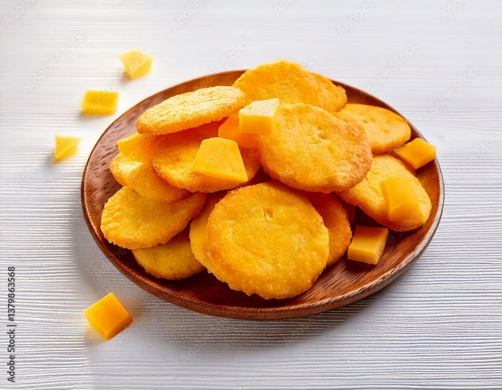Cheese Biscuits with a Crunchy Texture, Combined with Pieces of Cheddar Cheese on a White Table Cheese Biscuits with a Crunchy Texture, Combined with Pieces of Cheddar Cheese on a White Table