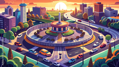Aerial view of a bustling roundabout in a cityscape during sunset with cars and greenery surrounding the roadways