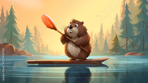Cute beaver on a paddleboard, serene landscape