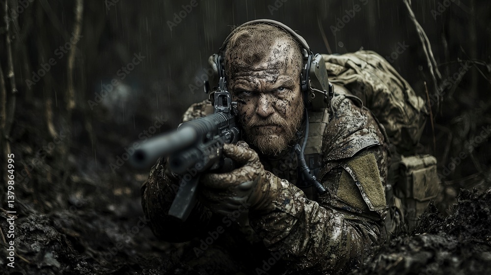 Fototapeta premium Combat soldier in camouflage dense forest action scene military environment close-up view tension and strategy