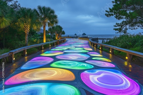 A futuristic South Carolina boardwalk with glowing pathways, smart palm trees, and holographic ocean waves