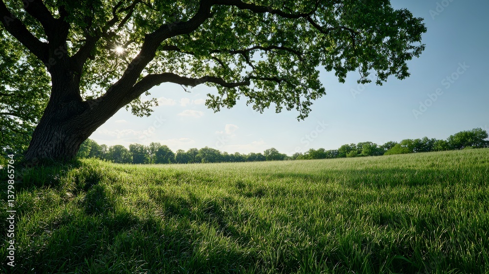 Majestic oak tree standing tall in tranquil meadow nature scene vibrant green landscape peaceful atmosphere Majestic oak tree standing tall in tranquil meadow nature scene vibrant green landscape peaceful atmosphere