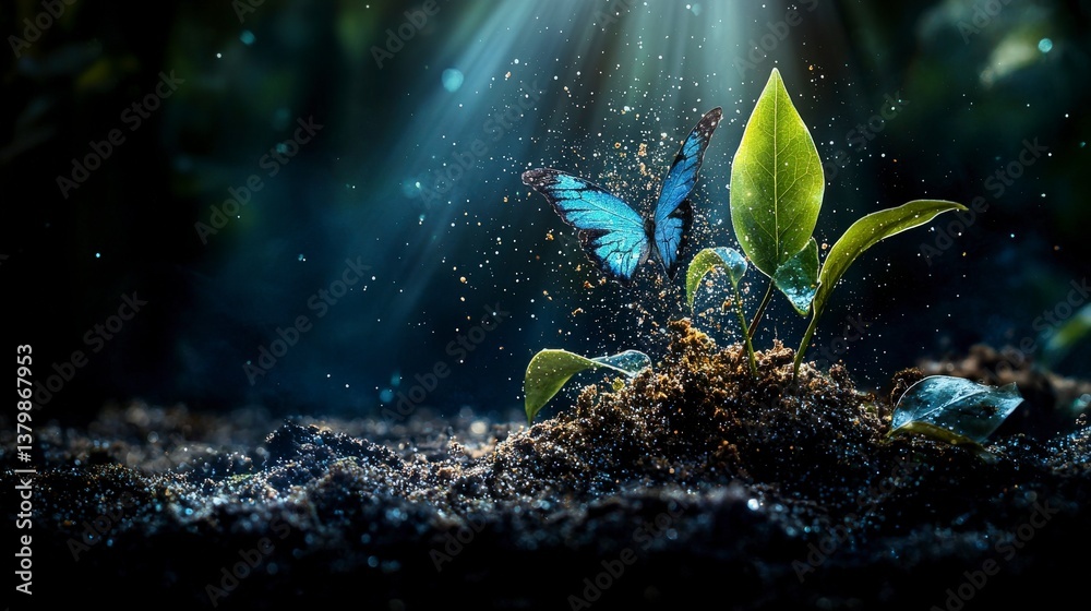 Fototapeta premium Butterfly landing on fresh sprout in lush forest nature photography tranquil atmosphere close-up view
